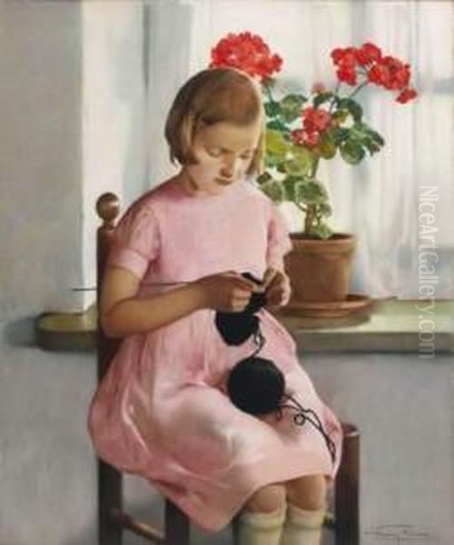 La Petite Tricoteuse Oil Painting by Firmin Baes