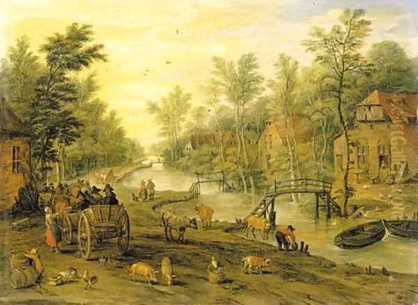 A wooded river landscape with travellers in horse-drawn carts and livestock Oil Painting by Jan Brueghel the Younger