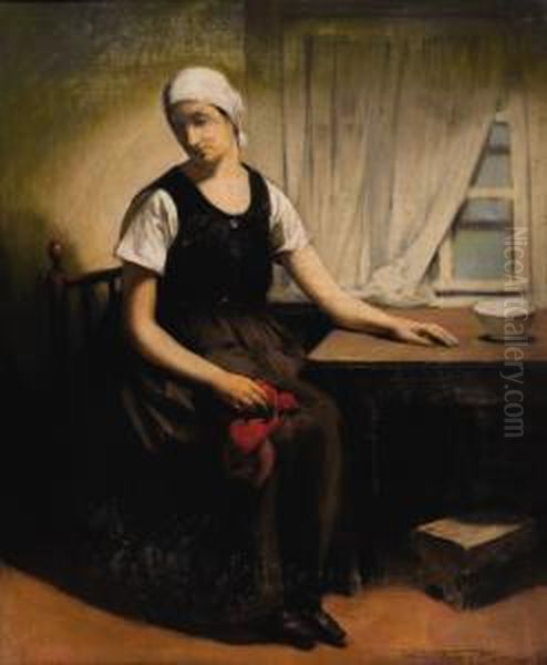 Woman With Red Handkerchief Oil Painting by Firmin Baes