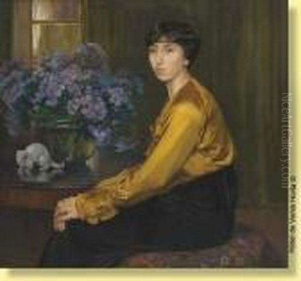 Madame Firmin Baes Au Bouquet D'asters Oil Painting by Firmin Baes