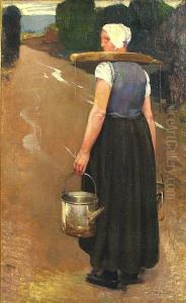 A Breton Woman Carrying Water Oil Painting by Firmin Baes