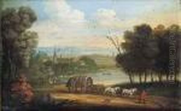 A Horsedrawn Wagon On A Track In An Extensive River Landscape Oil Painting by Marc Baets