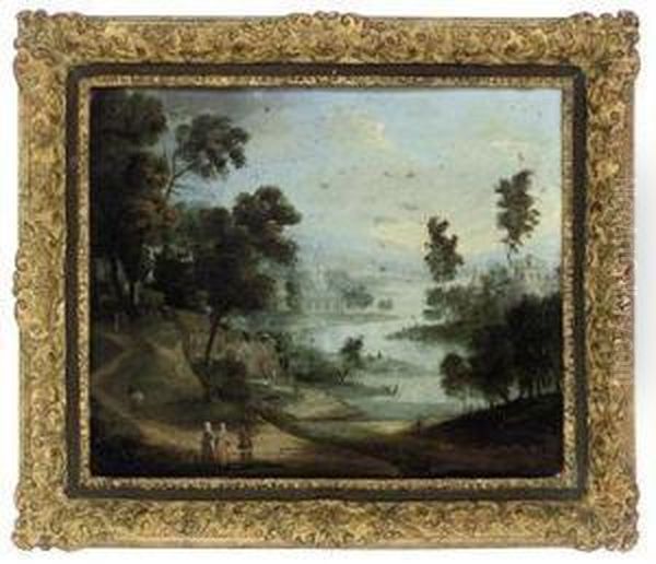 An Extensive River Landscape With Figures On A Track Oil Painting by Marc Baets