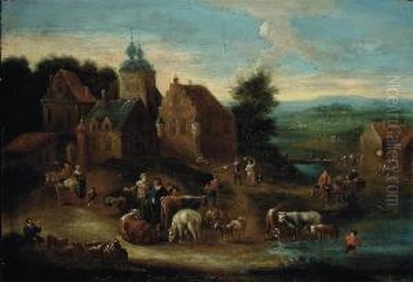 A River Landscape With Herdsmen And Their Cattle On A Track, Avillage Beyond Oil Painting by Marc Baets