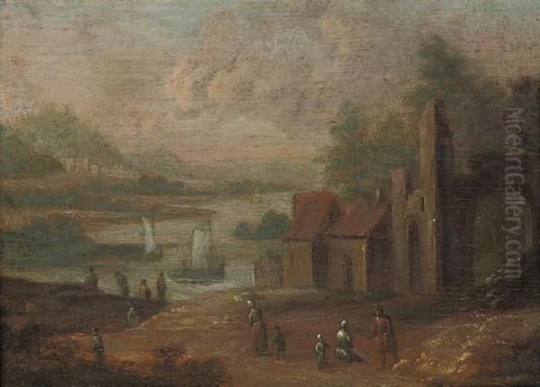 A Wooded River Landscape With 
Figures On A Track By A Fortifiedvillage; And A Wooded River Landscape 
With Figures On A Track Byoutbuildings And Classical Ruins Oil Painting by Marc Baets