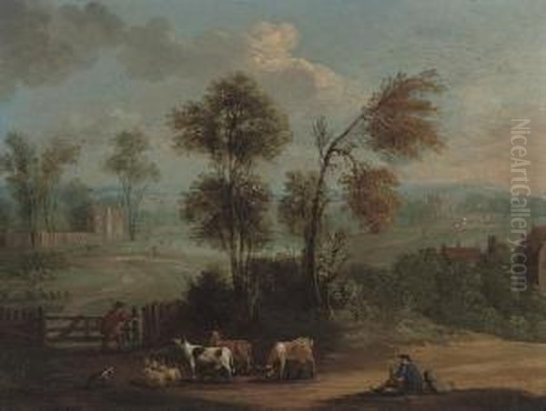 An Extensive Landscape With Herdsman And Their Cattle On A Track Oil Painting by Marc Baets