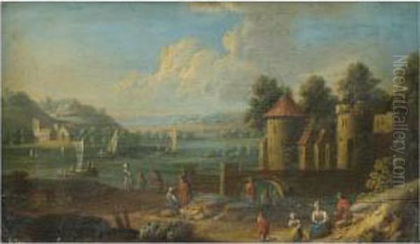 An Extensive River Landscape With Figures Resting By A Fortification In The Foreground Oil Painting by Marc Baets