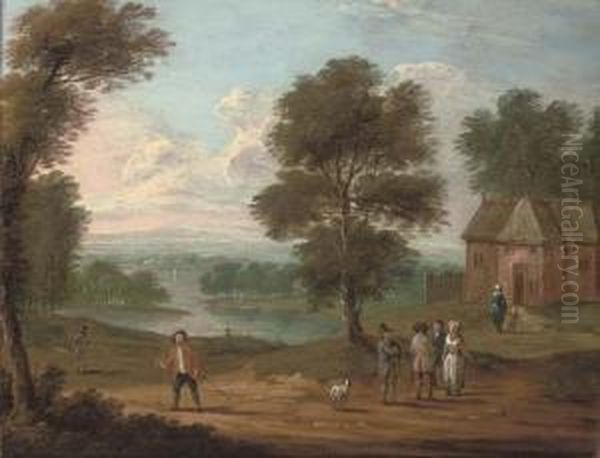 A River Landscape With Figures On A Track, A Cottage Beyond Oil Painting by Marc Baets