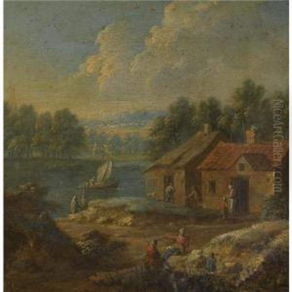 A River Landscape With Figures Conversing Before A Cottage Oil Painting by Marc Baets