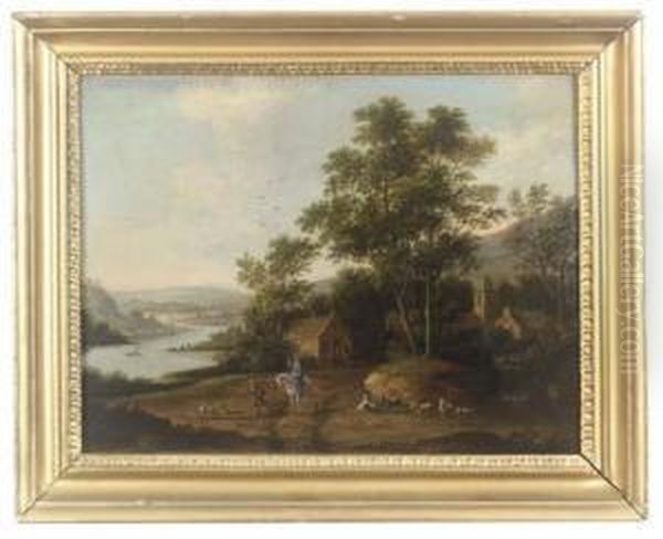 A River Landscape With Figures And Animals In A Village Oil Painting by Marc Baets