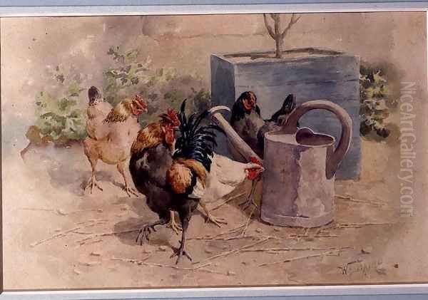 Chickens by a Watering Can Oil Painting by William Baptiste Baird