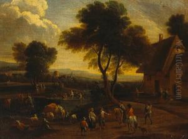 An Extensive Landscape With Figures Outside An Inn Oil Painting by Marc Baets