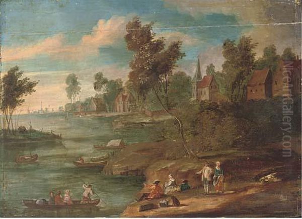 A River Landscape With Figures At Rest On The River Bank Oil Painting by Marc Baets