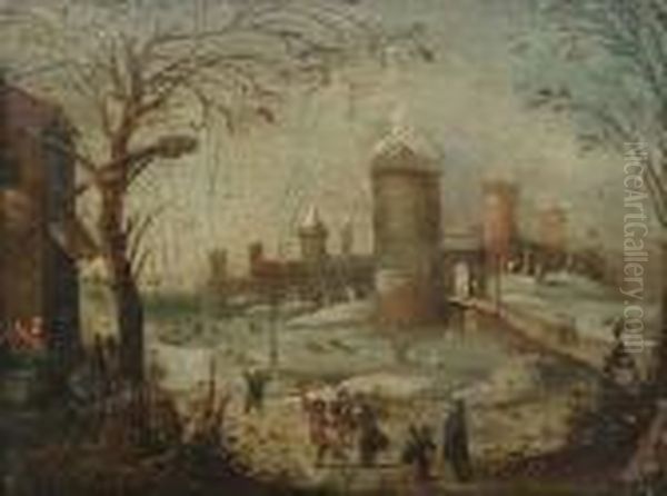 A Village Landscape With Figures
 Making Barrels In The Foreground; And A Winter Landscape With Figures 
Dancing Before A Walled Village Oil Painting by Marc Baets