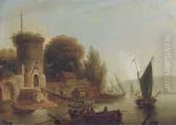 A River Landscape With Fisherman, A Walled Town Beyond Oil Painting by Marc Baets