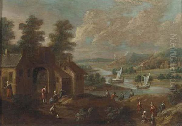 An Extensive River Landscape With Figures By A Village Oil Painting by Marc Baets