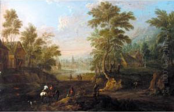 A Wooded Town Landscape With Horsemen And Other Figures In The Foreground Oil Painting by Marc Baets