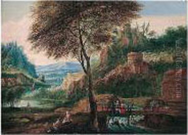 An Extensive River Landscape With Travellers In The Foreground Oil Painting by Marc Baets