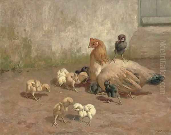 All My Own - A Hen with her Chicks Oil Painting by William Baptiste Baird