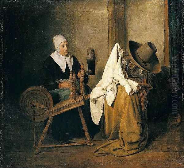 Interior with an Old Woman at a Spinning Wheel 1667 Oil Painting by Esaias Boursse