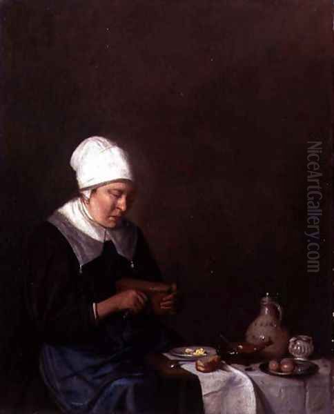 A Woman Seated at a Table Cutting a Slice of Cheese Oil Painting by Esaias Boursse