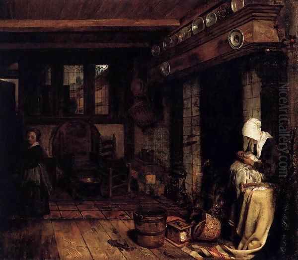 Dutch Interior with Woman Sewing Oil Painting by Esaias Boursse