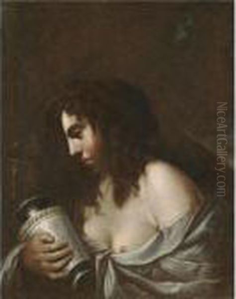 The Penitent Magdalene Holding A Jar Of Ointment Before A Crucifix Oil Painting by Giovanni Baglione