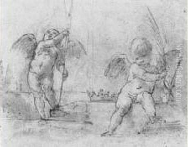 Deux Etudes De Putti Tenant Une Lance Et Une Palme De Martyr Oil Painting by Giovanni Baglione