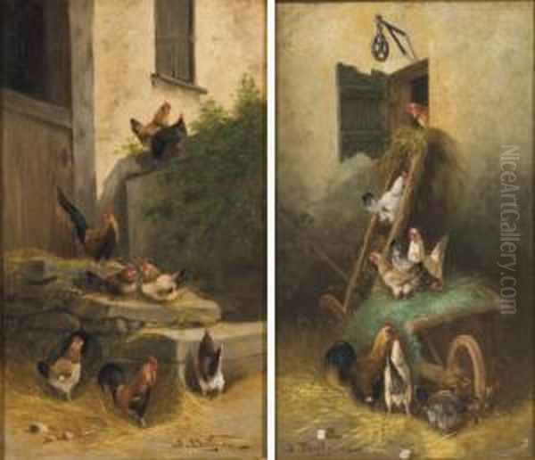 Poules Dans Une Basse-cour Oil Painting by Jules G. Bahieu