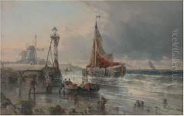 L'arrivee Des Bateaux De Peche Oil Painting by Jules G. Bahieu