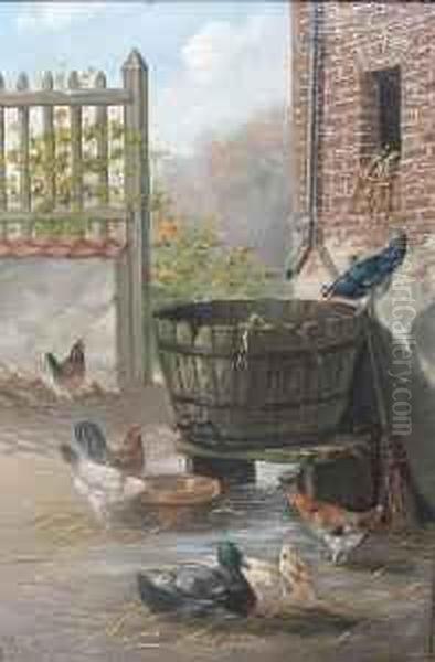 Chickens And Ducks At A Water Barrel Oil Painting by Jules G. Bahieu