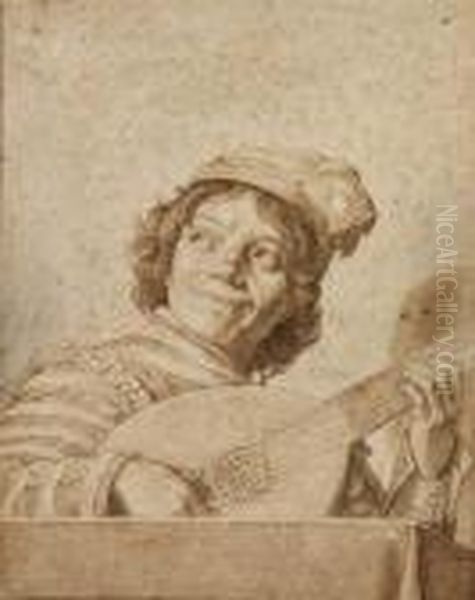 A Boy Playing A Lute, After Frans Hals Oil Painting by Cirle Of David Bailly