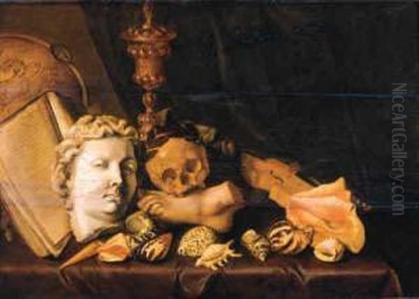 A Vanitas Still Life With A 
Globe, A Manuscript, The Head And Footof Classical Sculptures, A Gilt 
Cup And Cover, A Skull, A Violinand Shells On A Draped Table By A 
Curtain Oil Painting by Cirle Of David Bailly