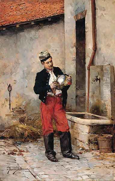 A French Cuirassier Polishing His Helmet Oil Painting by Etienne Prosper Berne-Bellecour