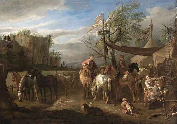 Riders Resting at a Military Encampment Oil Painting by Pieter van Bloemen