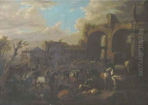 Travellers on horseback by a blacksmith with peasants and their cattle near the ruin of the Basilica of Constantine and the San Francesco Romana Oil Painting by Pieter van Bloemen