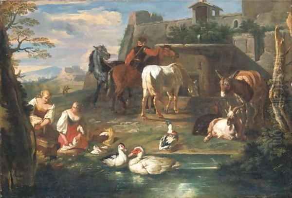 Washerwomen at a pond with ducks, goats and a donkey, a rider watering horses at a fountain and a landscape beyond Oil Painting by Pieter van Bloemen