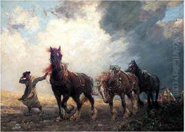 The Thunder Cloud, Ploughing On The Sussex Downs Oil Painting by Nathaniel Hughes John Baird