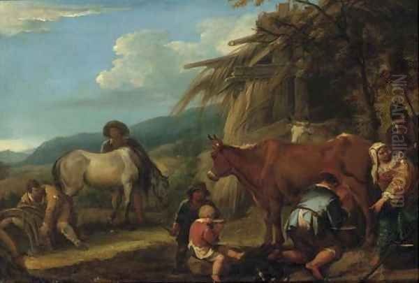 A peasant milking a cow with a groom and horse and other peasants by a hut, a landscape beyond Oil Painting by Pieter van Bloemen