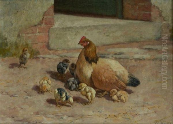 Pouleet Poussin Dans La Basse Cour Oil Painting by William Baptiste Baird