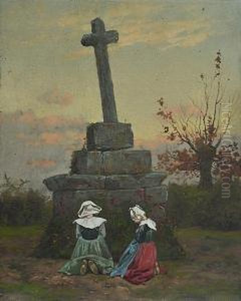 Old Stone Cross, Near Point Aven, Brittany Oil Painting by William Baptiste Baird