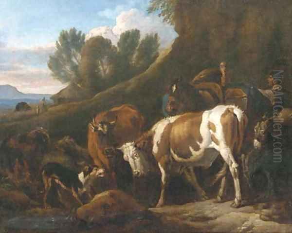 A peasant with cows, a mule, sheep, a donkey and a turkey in an Italianate landscape Oil Painting by Pieter van Bloemen