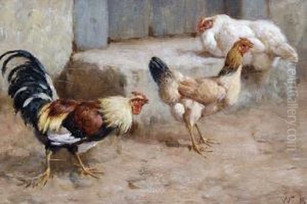 Chickens Around A Doorstep Oil Painting by William Baptiste Baird