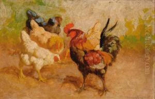 Four Chickens And A Rooster Oil Painting by William Baptiste Baird