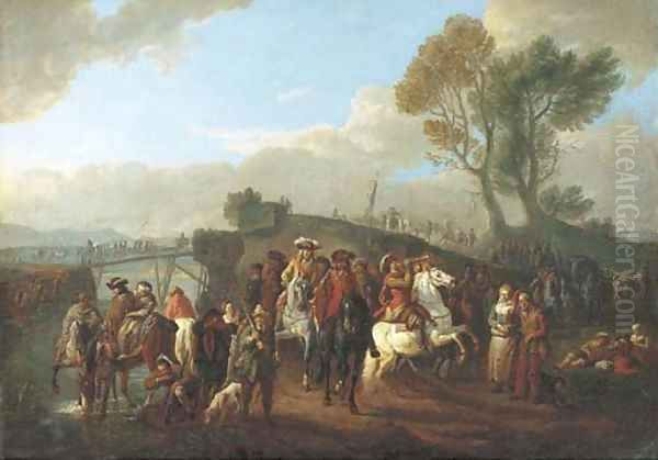 An Italianate river landscape with cavalry on the march Oil Painting by Pieter van Bloemen