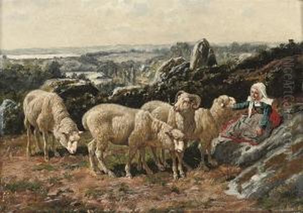 A Shehperdess With Her Flock Oil Painting by William Baptiste Baird