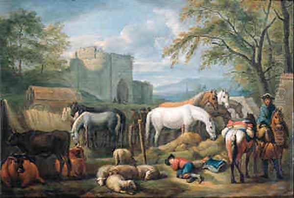 Cavalry man halting at a refreshment place for horses outside a town gate, a shepherd boy asleep in the foreground Oil Painting by Pieter van Bloemen