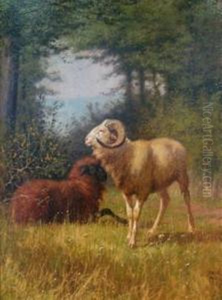 Rams In A Wooded Landscape Oil Painting by William Baptiste Baird