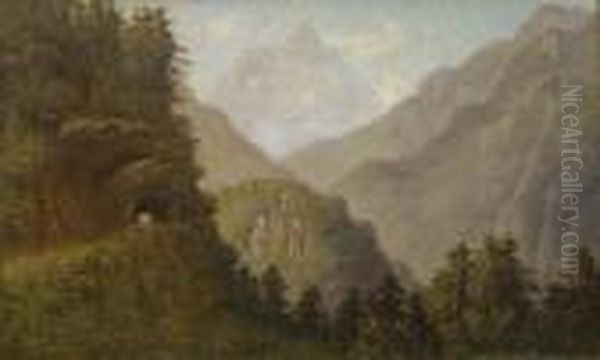 American Oil On Board Alpine Landscape Signed 32 X 51in Oil Painting by William Baptiste Baird