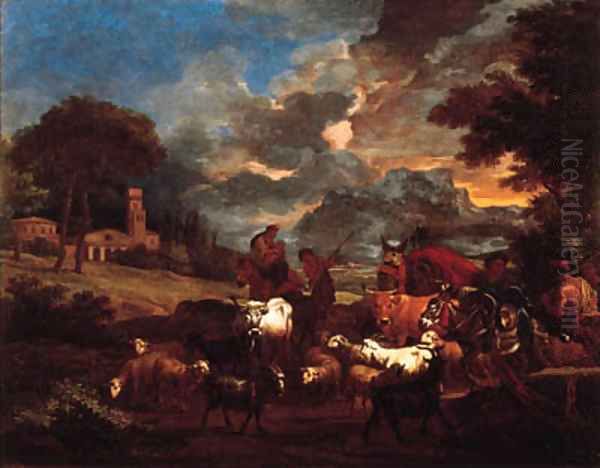 Shepherds, cowherds and muleteers with cattle and flock in an Italianate landscape Oil Painting by Pieter van Bloemen